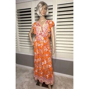 Venus Lakana MEDIUM maxi dress orange floral print Summer Spring Sundress